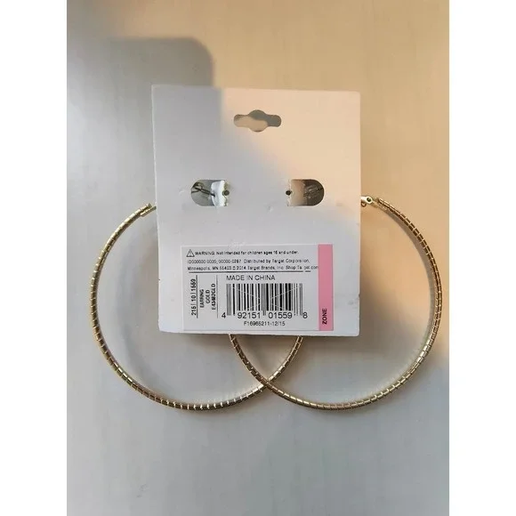 Target Zone Womens Large Gold Tone 3" Textured Ribbed Hoop Earrings New - Picture 2 of 2